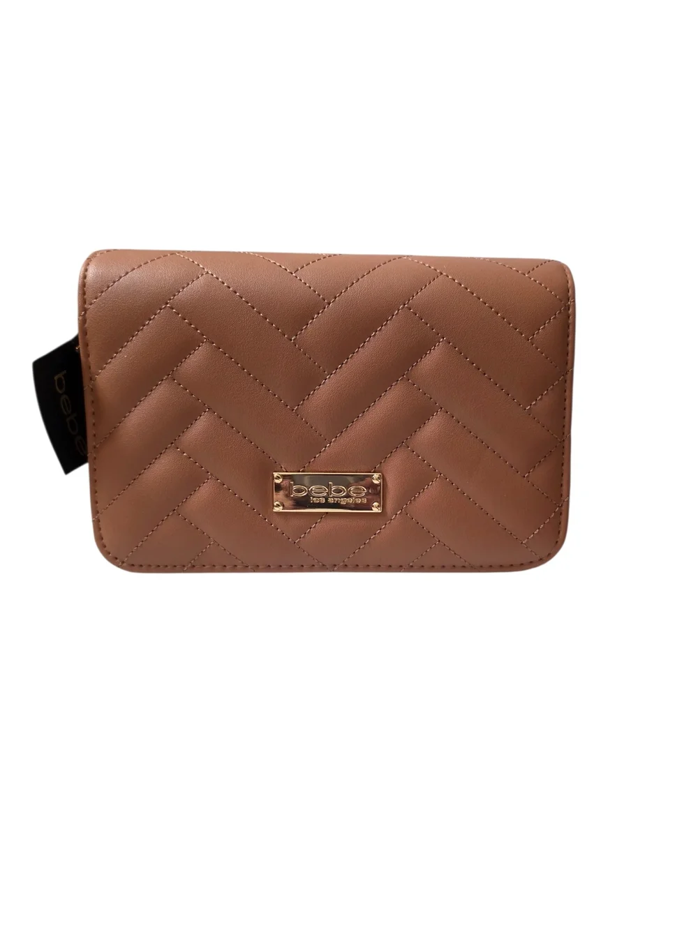 Bebe Sophia Quilted Chevron Flap Wallet Crossbody Bag Taupe Gold Chain New